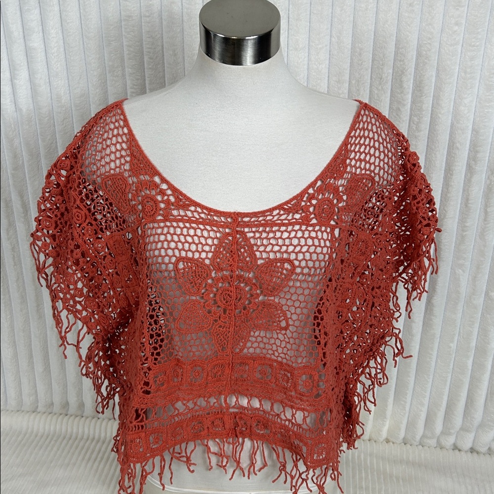 Y2K Not Forever orange boho hippie crochet fringed top size L/XL